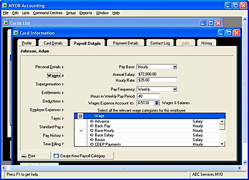 MYOB Card Information dialog box showing Payroll Details tab, with Wages option selected.